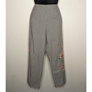 ALLISON TAYLOR Stretch SZ 6 Black & White Checked EMBROIDERED FLORAL Ankle PANTS